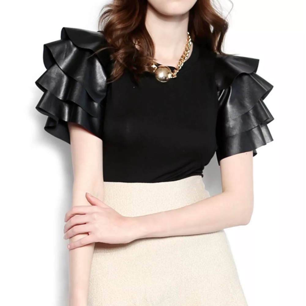Gracia soft black shirt with faux leather sleeves
